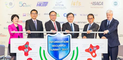 Mr Nicholas Yang, Secretary for Innovation and Technology (third from left); Mr Willy Lin, Chairman of HKPC (third from right); Mr Stephen Wong, Privacy Commissioner for Personal Data (second from right); Mr Allen Yeung, Government Chief Information Officer (second from left); Mrs Agnes Mak, Executive Director of HKPC (first from left); and Mr Dale Johnstone, Chairman of the “Information Security Summit 2017” organizing committee, officiate the opening of the Summit