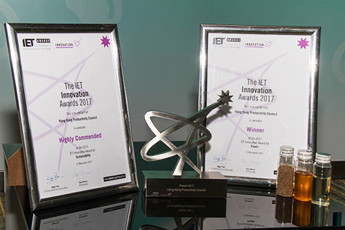 The “Food Waste Total Recycling System”, developed by HKPC, was granted the winner of the “Power” category and a “Certificate of Highly Commended” in the “Sustainability” category at the prestigious “IET Innovation Awards” in London, the UK.