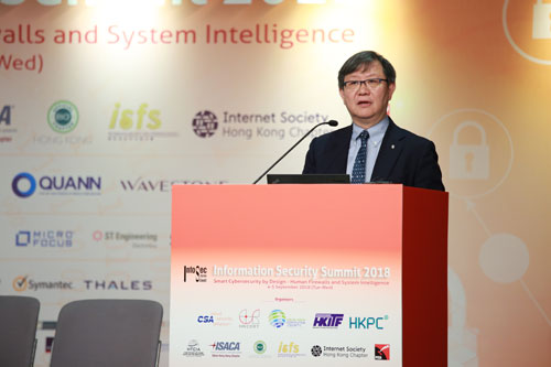 Mr Willy Lin, Chairman of HKPC, gives a welcoming speech at the opening ceremony of the “Information Security Summit 2018”