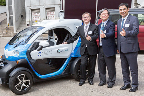 (From left to right) Dr David Chung, Acting Secretary for Innovation and Technology; Mr Willy Lin, Chairman, and Mr Mohamed D. Butt, Executive Director of HKPC, with APAS R&D Centre's recently-acquired, ITC-funded autonomous-ready vehicle