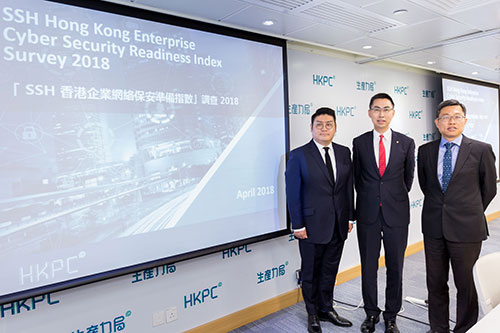 Mr Wilson Wong, General Manager (IT) (centre), Mr Leung Siu-Cheong, Senior Consultant, IT Division of HKPC (left); and Mr Ricky Ho, Vice President, APAC of SSH Communications Security, present the results of the inaugural “SSH Hong Kong Enterprise Cyber Security Readiness Index Survey”