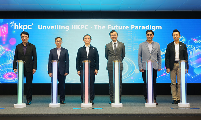 Dr the Hon Lam Ching-Choi, Non-Official Member of the Executive Council of the HKSAR Government (third from right) together with Dr David Chung, the Under Secretary for Innovation and Technology (second from left); Mr Willy Lin, Chairman (third from left); Mr Mohamed Butt, Executive Director of HKPC (second from right) and the senior management of HKPC, officiate at the kick-off ceremony of “Unveiling HKPC · The Future Paradigm”