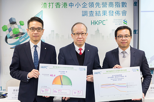 Mr Gordon Lo, Director (Business Management) of HKPC (Center), Mr Kelvin Lau, Senior Economist, Greater China, Standard Chartered Bank (Hong Kong) Limited (Right) and Mr Jimmy Chim, Senior Consultant (Industry Development) of HKPC (Left), announced the first quarter result of the 