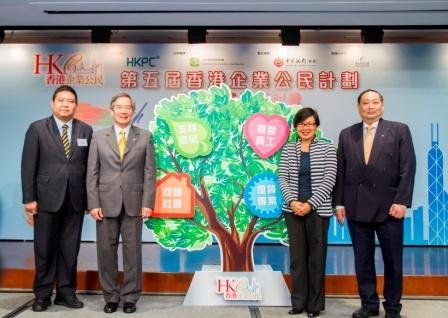 Ms Florence Hui, Acting Secretary for Home Affairs of the HKSAR Government (second from right); Mr Clement Chen, Chairman of HKPC (second from left); Mr Henry Lim, Member of CPCE (left); and Mr Kai Chi On, General Manager of Corporate Services Department of Bank of China (Hong Kong) and Director of BOCHK Charitable Foundation officiated at the launching ceremony of 'The 5th Hong Kong Corporate Citizenship Program'. Ms Florence Hui, Acting Secretary for Home Affairs of the HKSAR Government (second from right); Mr Clement Chen, Chairman of HKPC (second from left); Mr Henry Lim, Member of CPCE (left); and Mr Kai Chi On, General Manager of Corporate Services Department of Bank of China (Hong Kong) and Director of BOCHK Charitable Foundation officiated at the launching ceremony of 'The 5th Hong Kong Corporate Citizenship Program'.
