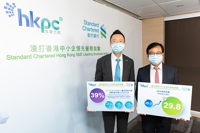 Mr Edmond Lai, Chief Digital Officer of HKPC (Left); and Mr Kelvin Lau, Senior Economist, Greater China, Standard Chartered Bank (Hong Kong) Limited (Right), announced the overall Index recorded a mild increase to 29.8 as compared to the previous quarter at the press conference of “Standard Chartered Hong Kong SME Leading Business Index 2020 Q3”, but the overall index and sub-indices were still at low level, reflecting that SMEs are facing tremendous challenges under the prevailing COVID-19 epidemic.