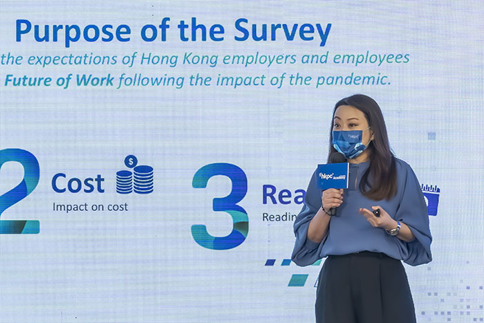生产力局新世代企业及技能发展部总经理冯嘉宝女士公布《香港未来工作与技能》问卷调查结果，探讨香港企业实践遥距工作上的困难及FutureSkills的重要性。