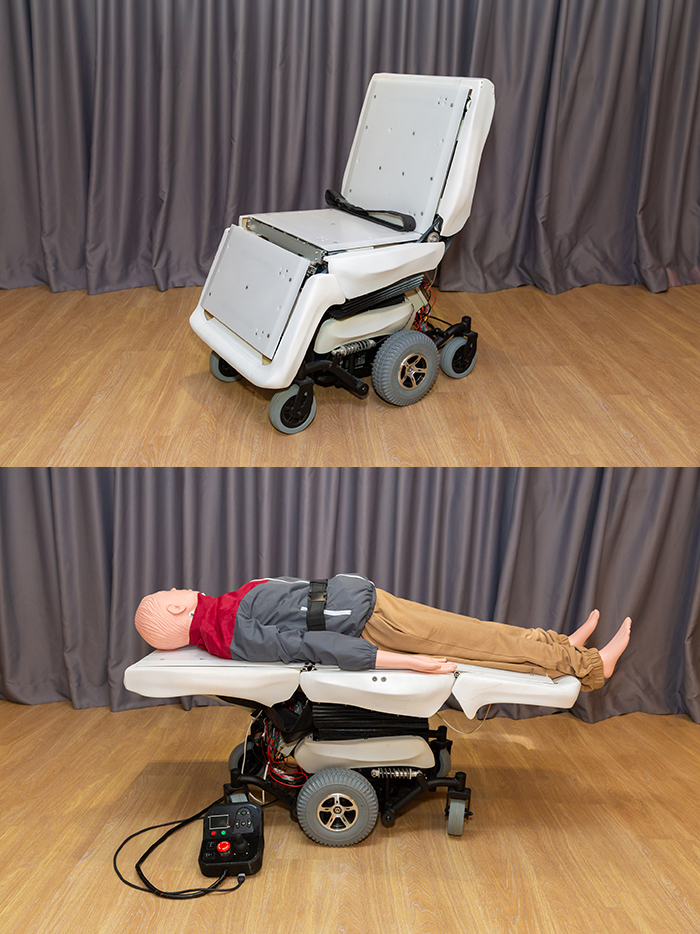 HKPC demonstrates the design concept of the “HORIZON” – bed transfer wheelchair that automatically extends to become a flat bed for frail elders to move across beds easily. It addresses the existing situation of having two to three staff conducing the task.