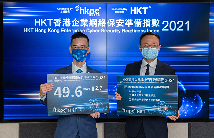 Mr Alex Chan, General Manager, Digital Transformation of HKPC (left); and Mr Steve Ng, Head of Commercial Solutions & Marketing, Commercial Group, HKT (right), present the results of the “HKT Hong Kong Enterprise Cyber Security Readiness Index 2021”, which reports an Overall Index at 49.6 (maximum being 100), a slight increase of 2.7 from that of a similar survey last year. Also, surveyed enterprises believe that “higher flexibility”, “relatively more affordable than investing in a complete set of innovation and technology infrastructure” and “being able to support of cyber security experts” are the perceived advantages of using MSS for cyber security.