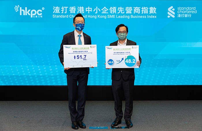 At the press conference of the “Standard Chartered Hong Kong SME Leading Business Index” for the fourth quarter of 2021, Mr Edmond Lai, Chief Digital Officer of HKPC (left), and Mr Kelvin Lau, Senior Economist, Greater China, Global Research, Standard Chartered Bank (Hong Kong) Limited (“Standard Chartered Hong Kong”) (right), announced that the Overall Index for this quarter was 48.2, edging closer to the 50 neutral level and hitting a three-year high once again. “Recruitment Sentiment” rose to 51.7, also a two-and-half-year high.