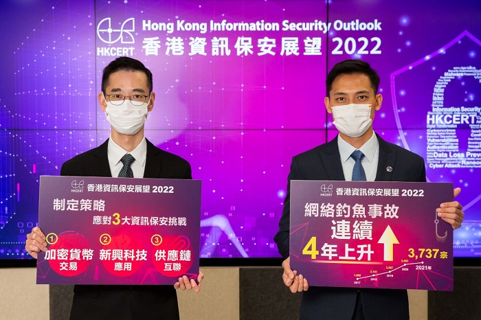 Mr Alex Chan, General Manager, Digital Transformation of HKPC and spokesman of HKCERT (Left), said phishing incidents handled by HKCERT in 2021 went up 7% from 2020, rising for the fourth consecutive year and reaching a new high. He urged both enterprises and individual to have preventative measures in place to effectively respond to the increasingly sophisticated and complex cyber attacks. Also present was Mr Wilson Fan, Superintendent of Cyber Security Division of Cyber Security and Technology Crime Bureau of the Hong Kong Police Force (Right).