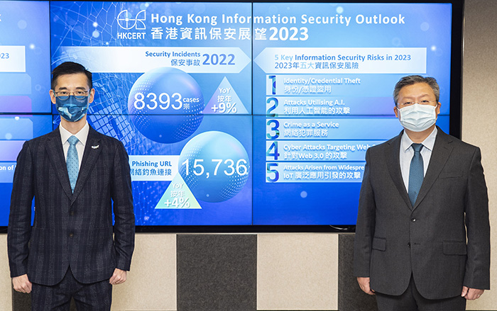 The Hong Kong Computer Emergency Response Team Coordination Centre (HKCERT) of the Hong Kong Productivity Council (HKPC) held a briefing today where Mr Alex CHAN, General Manager, Digital Transformation, HKPC, and spokesman, HKCERT (left), summarised the information security situation in Hong Kong in 2022 and forecasted the five key information security risks in 2023. It also invited  Dr Daniel LUO, Associate Professor, Department of Computing, The Hong Kong Polytechnic University (right), to share the latest security risks of the Internet of Things and Web 3.0.