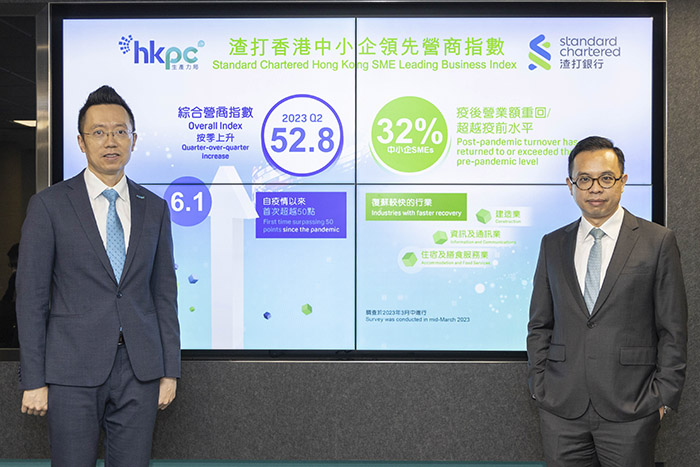 At the press conference of the “Standard Chartered Hong Kong SME Leading Business Index” for the second quarter of 2023, Mr Edmond LAI, Chief Digital Officer of HKPC (left), and Mr Kelvin LAU, Senior Economist, Greater China, Global Research, Standard Chartered Bank (Hong Kong) Limited (“Standard Chartered Hong Kong”) (right), announced the Overall Index rose by 6.1 to 52.8 this quarter, surpassing the 50 neutral line for the first time since the pandemic. The findings reflected that Hong Kong has embarked on the road to normalcy, and SMEs have regained confidence in the local business environment.