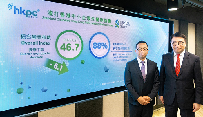 At the press conference of the “Standard Chartered Hong Kong SME Leading Business Index” for the third quarter of 2023, Dr Lawrence CHEUNG, Chief Innovation Officer of HKPC (right), and Mr Kelvin LAU, Senior Economist, Greater China, Global Research, Standard Chartered Hong Kong (left), announced the Overall Index retreated by 6.1 to 46.7 this quarter. The findings reflected that the positive effects brought along by the reopening of Mainland-Hong Kong's boundaries are beginning to diminish.