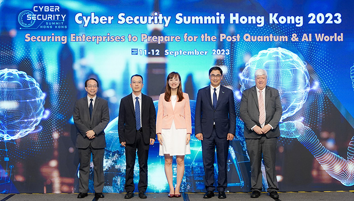 Ms Lillian CHEONG, Acting Secretary for Innovation, Technology and Industry of the HKSAR Government (third from right), Dr HAO Yinxing, Director-General, Information Centre of the Liaison Office of the Central People’s Government in the HKSAR (second from left),  Mr Mohamed BUTT, Executive Director of HKPC, Mr Jason PUN, Acting Deputy Government Chief Information Officer, Office of the Government Chief Information Officer of the HKSAR Government (first from left) and Mr Dale JOHNSTONE (first from right), Chairman of Organising Committee of Cyber Security Summit Hong Kong 2023 officiated the “Cyber Security Summit Hong Kong 2023”.