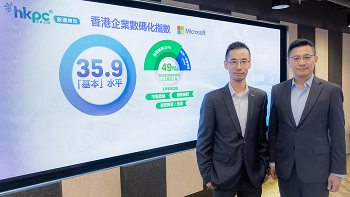 生产力局总经理（数字化转型）陈仲文先生（左）和Microsoft香港商务事业部总监李健鹏先生（右）在“香港企业数字化指数调查”简布会上公布，香港整体企业数字化指数为35.9，属“基本”水平。