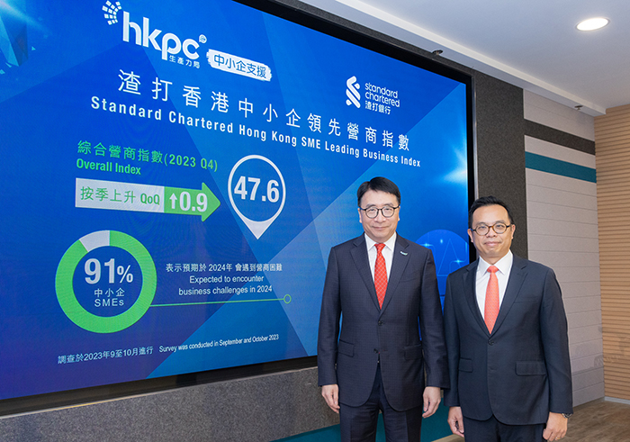 At the Press Conference of the “Standard Chartered SME Index” Q4 2023, Dr Lawrence CHEUNG, Chief Innovation Officer of HKPC (left) and Mr Kelvin LAU, Senior Economist, Greater China, Global Research, Standard Chartered Hong Kong (right) announced that the Overall Index rebounded slightly by 0.9 to 47.6 this quarter.