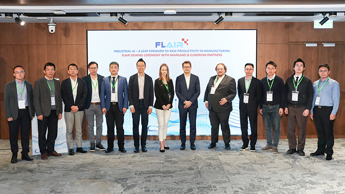 FLAIR and ten world-renowned R&D organisations and enterprises reached a collaboration, and representatives from industry, academia, and research sectors attended the event and took the group photo.<br><br>
From left:<br>
Mr Lawrence TONG, Senior Investment Manager, IPE Robot Manufacturing Co. Ltd.; Mr William XU, Deputy Secretary-General of Shanghai AI Industry Association; Mr Watanabe KOICHI, Futaba Precision Mould (Shenzhen) Co.; Mr Keith WU, Product Development Department Manager, Good View Industrial Co. Ltd.; Mr Kai WANG, Germany Platform Director, Chief Representative of German Office of Sino-German Development (Shenyang) Offshore Innovation Service Center Co., Ltd.; Mr Edmond LAI, Chief Executive Officer, FLAIR; Ms Ursula KLINGENBERG, Chief Operating Officer of German Industry and Commerce Ltd.; Dr.-Ing. Benny DRESCHER, Chief Technical Officer, FLAIR; Mr Patrick KABASCI, Executive Director Business Unit Digital Operations of InnovAItion Campus GmbH; Mr Kevin SHU, Business Director, Hongrita Mold Technology (Zhongshan) Ltd. and Hongrita Precision Component (Zhongshan) Ltd.; Mr Henry CHENG, President of InnoGetic Technology (Zhuhai) Co. Ltd.; Mr Daniel SUNG, Senior Manager of Enterprise Development, Ka Shui Manufactory Co., Ltd.; Mr Yijun HAO, General Manager, Laogou Technology Co., Ltd.