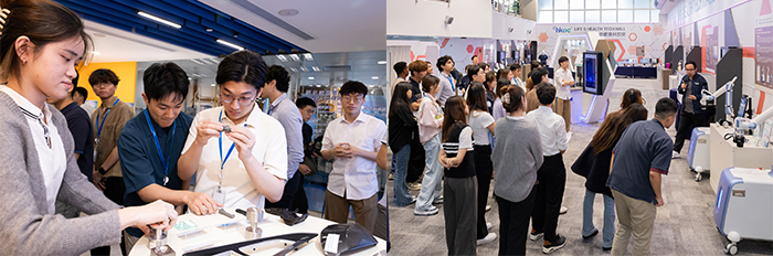 InnoTalent實習生參觀生產力局大樓內的先進材料及智能製造中心（左）和生命健康科技館（右）。