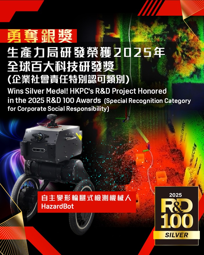 The Autonomous Transformable Wheel-legged Inspection Robot “HazardBot” jointly developed by HKPC and industry partners, received the Silver Award in the Corporate Social Responsibility Special Recognition category at the 2025 R&D 100 Awards. Featuring a dual-wheel and transformable design, HazardBot can flexibly adapt to the complex environment inside nuclear power plants, overcoming obstacles such as stairs and railings to autonomously perform inspection tasks.
