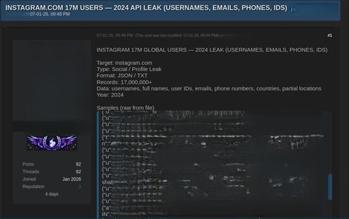 暗網出現一份聲稱源自2024年Instagram洩露的帳戶資料庫