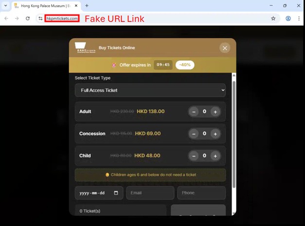 A fake ticketing site using urgency tactics, such as “Offer expires soon” pressure users into quick payments or submit personal information A fake ticketing site using urgency tactics, such as “Offer expires soon” pressure users into quick payments or submit personal information