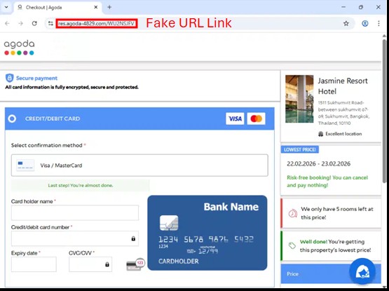 A fake Agoda website interface requesting users’ credit card information, prompting users to enter credit card data and steal users’ funds A fake Agoda website interface requesting users’ credit card information, prompting users to enter credit card data and steal users’ funds