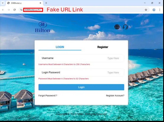 A fraudulent Hilton website requesting login credentials to steal account information A fraudulent Hilton website requesting login credentials to steal account information