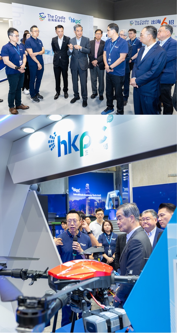 梁副主席在生產力局主席陳祖恒議員、副主席于健安先生、總裁畢堅文先生及管理層一行陪同下參觀局内各展館和中心，了解生產力局如何應用前瞻技術對接「十五五」規劃，以及支持新興及未來產業落地香港的最新進展。