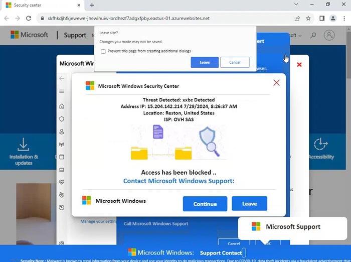 黑客透過假冒 Microsoft 技術支援的釣魚網站顯示虛假保安警報，藉此欺騙用戶。