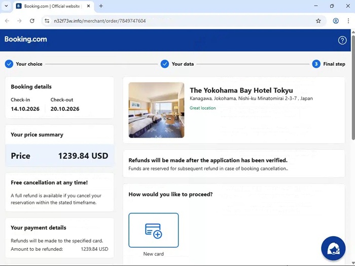 A phishing website impersonating Booking.com, claiming that users must enter credit card details to proceed with the booking.