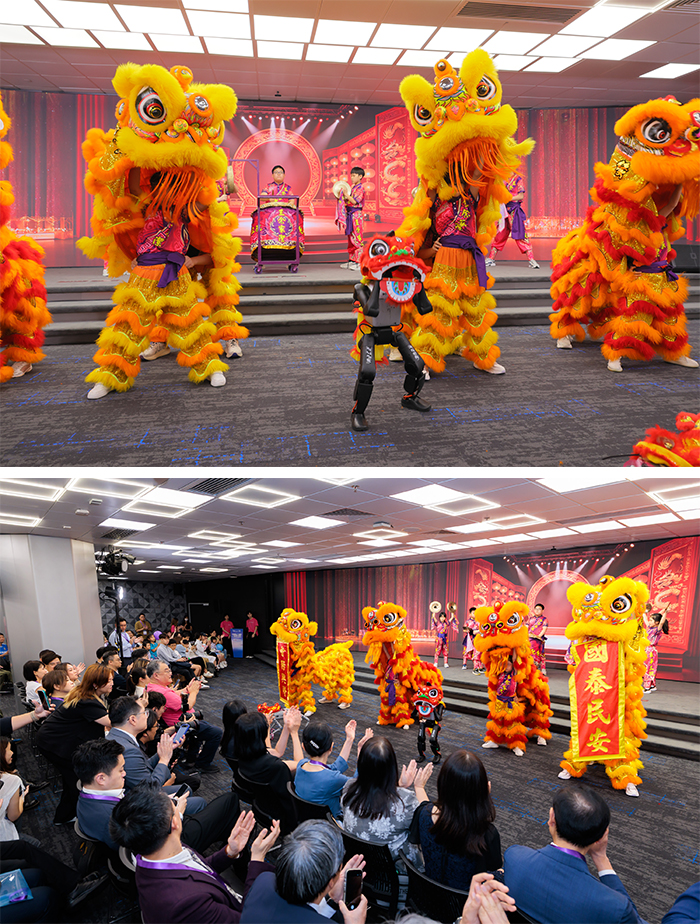 東華三院王余家潔紀念小學醒獅隊擔綱演出開幕表演 ，揉合「中華傳統舞獅」與「 AI 機械獅子」同台表演。