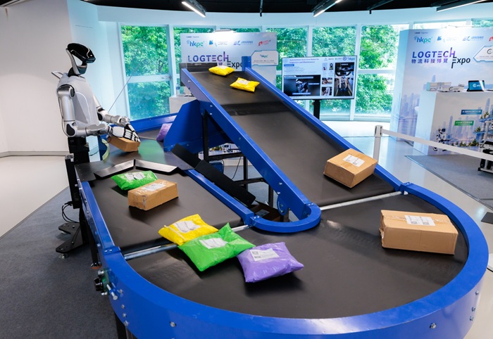 The Embodied AI International Applications Hub under the Hong Kong Industrial Artificial Intelligence and Robotics Centre (FLAIR): Designed for small-parcel sorting, the humanoid robot is capable of operating 24/7 and is continuously being enhanced to meet the diverse parcel-handling needs of Hong Kong’s logistics sector.